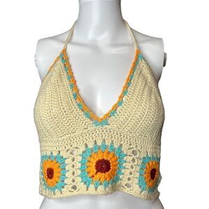 Altar'd State Sunflower Knit Cropped Halter top Cream Size Small